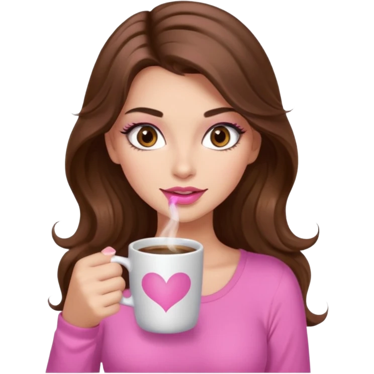 girl with long wavy brown hair, brown eyes, long lashes makeup, sexy pink lips, light to medium complexion, pink sexy top, with a hot coffee mug emoji