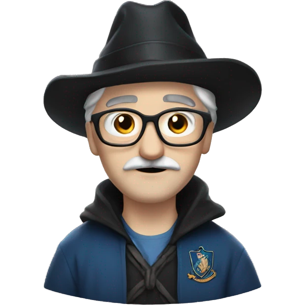 man with white skin,hair is straight and black, a black mustache, glasses, with a magic hat, ravenclaw emoji
