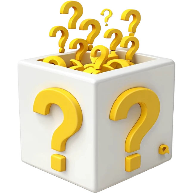 white cube shaped box printed with "q&a" over stuffed with yellow question marks emoji