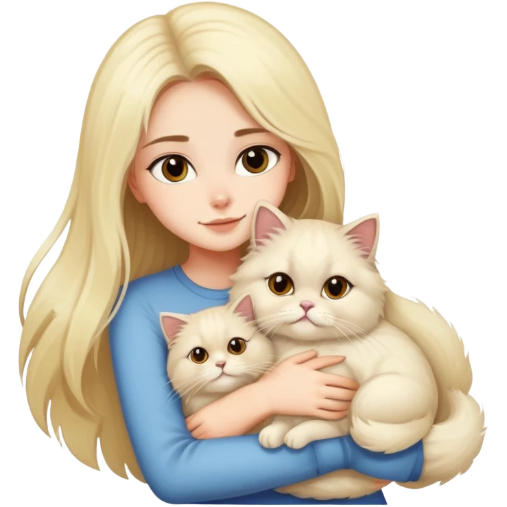 pretty girl with dark long hair hugging her blonde fluffy persian cat  emoji