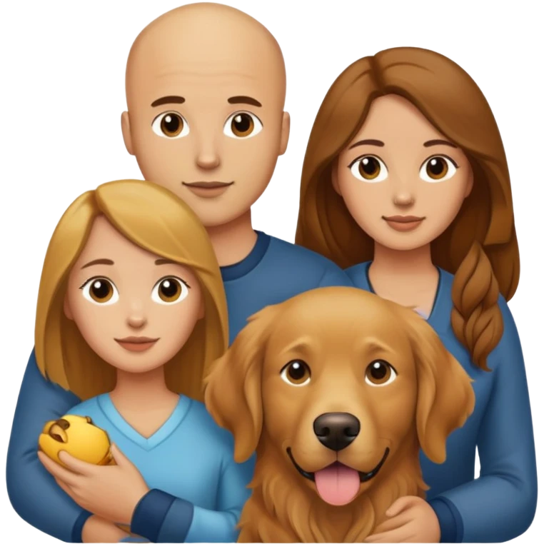 Young Bald man and long brown hair woman with golden retriever  emoji