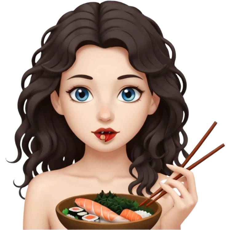white girl, dark brown long slightly curly hair , skinni but with big breast , septum piercing on nose, beautiful dark gray-blue eyes, naked , skinny, eating sushi, emoji
