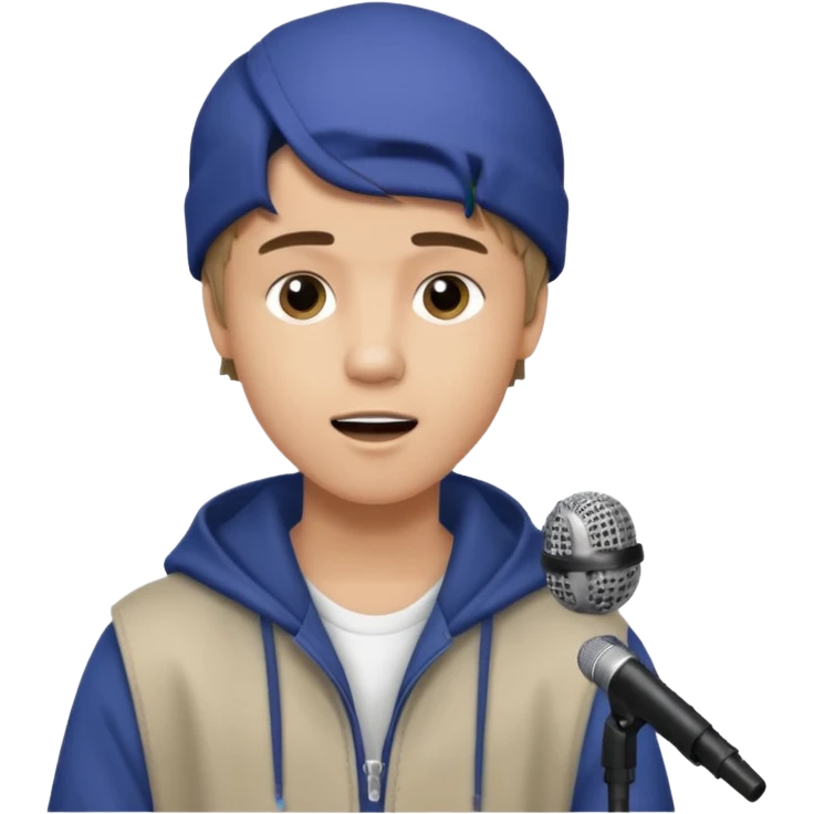 Justin Bieber, around 16, casual clothes, singing into mic emoji