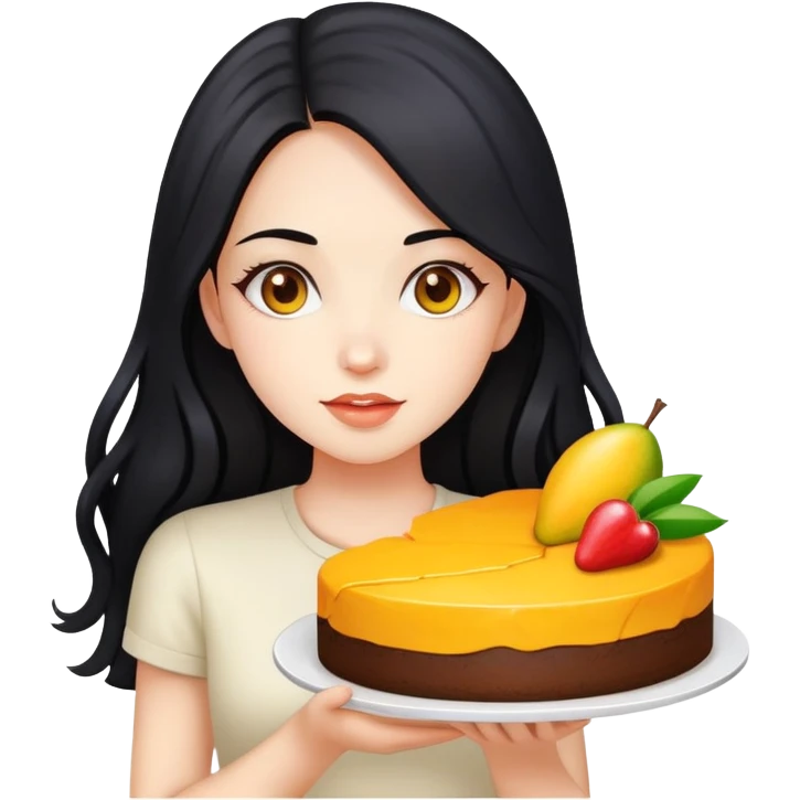 Beautiful girl with long black hair holding mango cake emoji