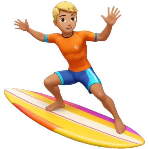 cute surfer riding big ocean waves, dynamic action pose, splash water, colorful surfboard, tropical vibe, 3D cartoon, mobile game icon style, bright colors, soft shadows, clean background, no text, no watermark emoji