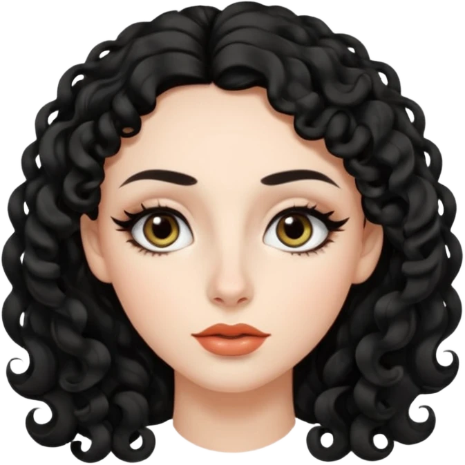 persona mujer con piel clara y rizos suaves color negro y largos  y sin volumen y con delineador en los ojos y con los labios medianos, ojos almendrados y nariz respringada y el fondo blanco emoji