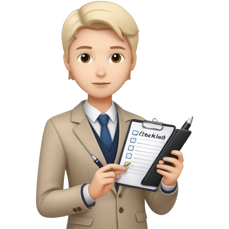 a person holding a checklist and pen, wearing smart casual clothing. The character is in a focused pose emoji