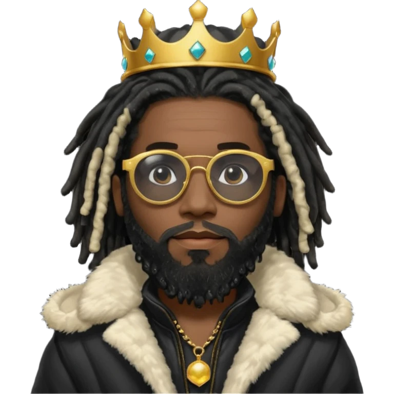 African American man with beardwith shoulder length black dreadlocks wearing black sunglasses with black bubble winter coat weariring a crown on his head emoji