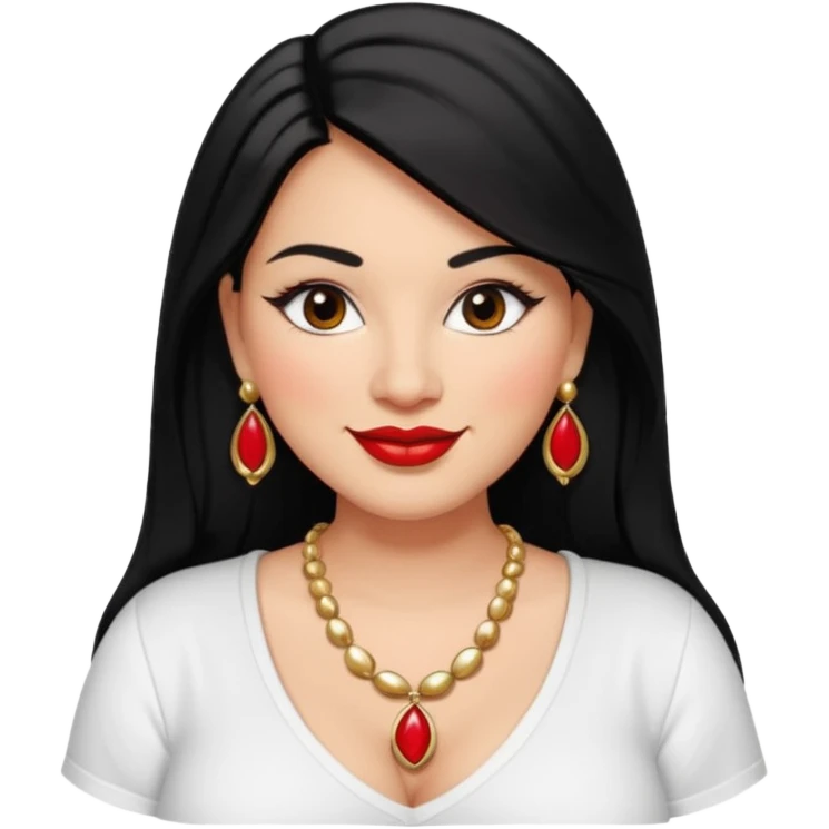 Mexican Light skin big brown eyes glamorous full figured women black medium straight hair red lips necklace and earrings long lashes white shirt  emoji