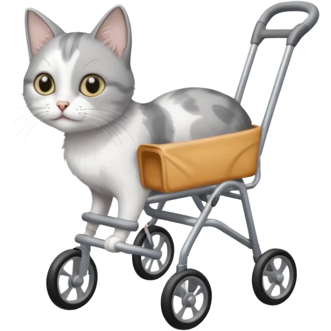 disabled grey and white small cat using a mobility walker for cats emoji