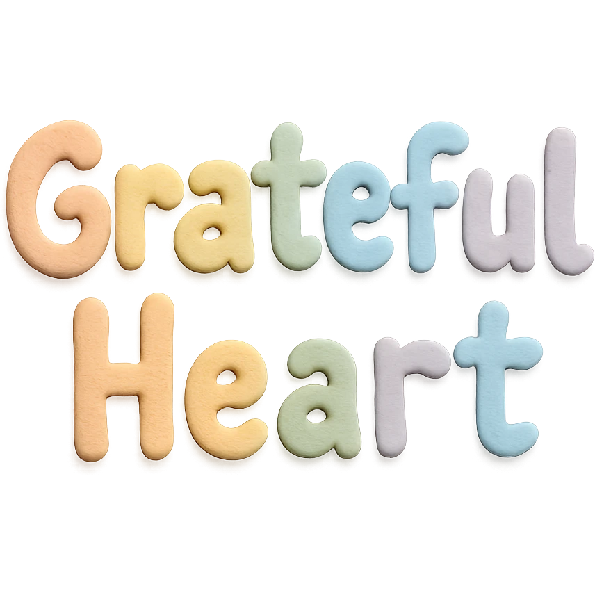 Soft pastel rainbow soft puffy lettering for "Grateful Heart", cute hand-drawn font, no outline, transparent background emoji