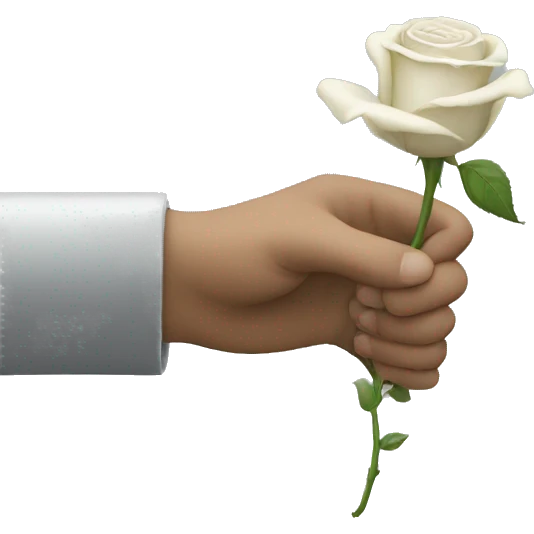 a hand coming out from the bottom of the screen, showing the back of his hand, which is holding a white rose from the stem emoji