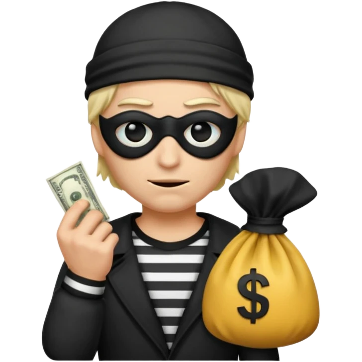 a short ios emoji-style portrait of a classic burglar, a black eye mask and a black-and-white striped shirt. emoji-like hair, black hat, ONE bag of money 💰 with a dollar sign in a right corner, evil expression WITHOUT a hand  emoji