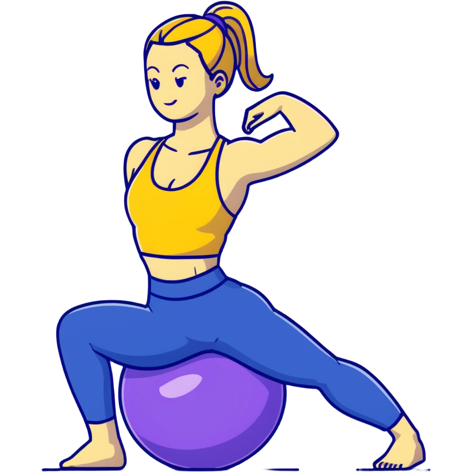 Yellow-skinned girl with high ponytail wearing blue sports bra and navy yoga pants doing yoga with a large exercise ball emoji