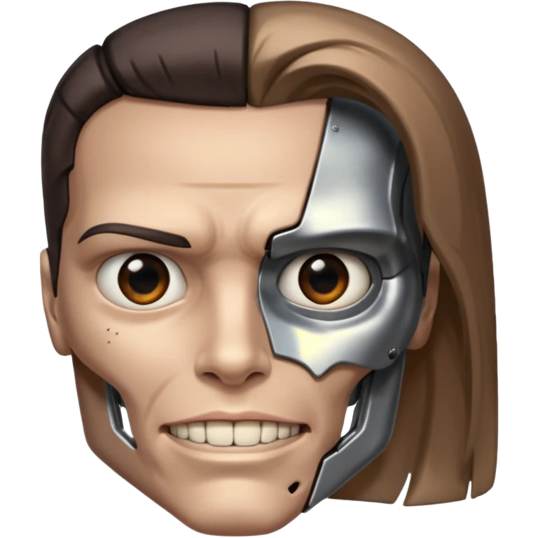 half-human half-Terminator face, metallic and skin tones split down the middle, subtle smile, no text emoji