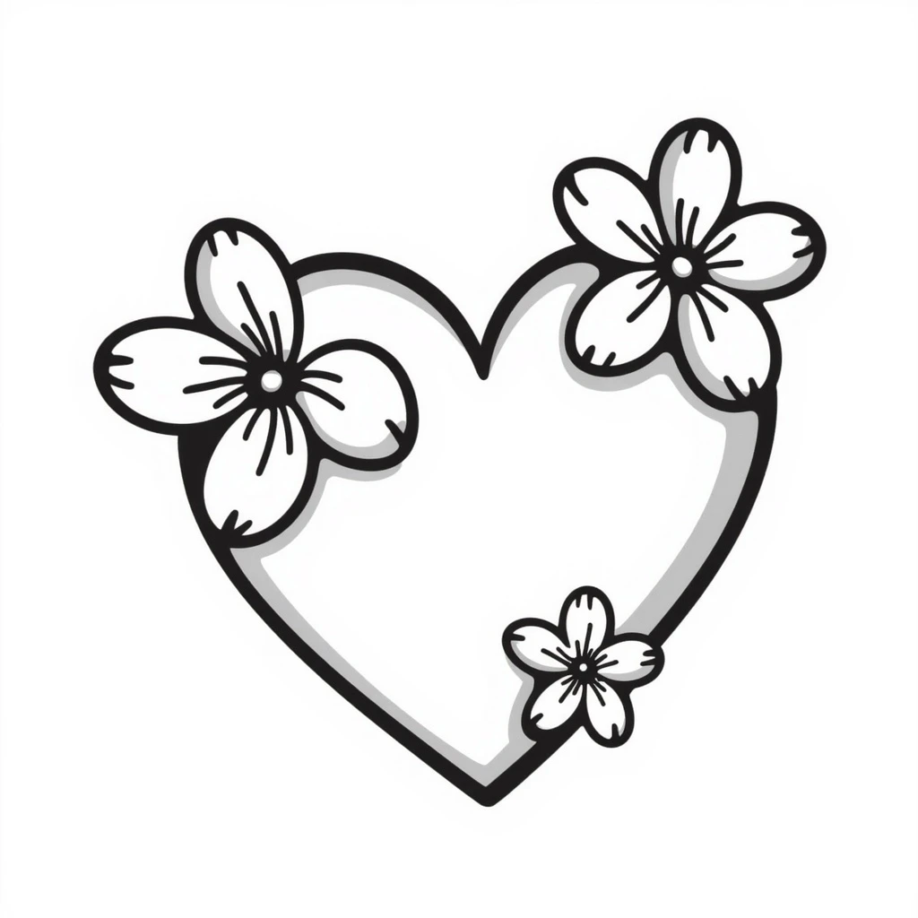 heart with sakura and silver accents, black doodle style emoji