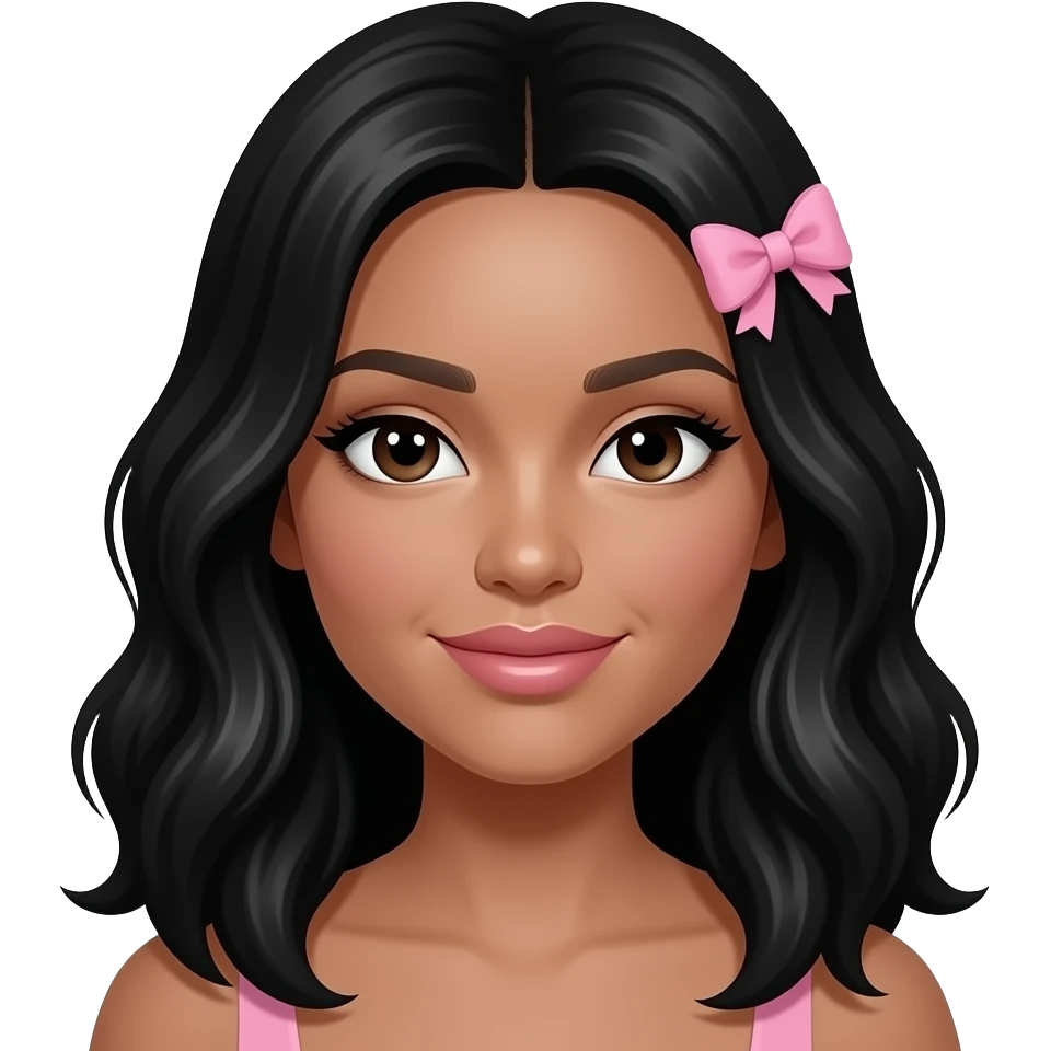 Pretty girl with really light brown skin with black wavy hair,her lips are nude pink and her eyes and dark brown her hair should be chest length and she should have a pink bow on her side of the head like a clip not a hairband,the skin should be really light brown and her hair should be bigger emoji