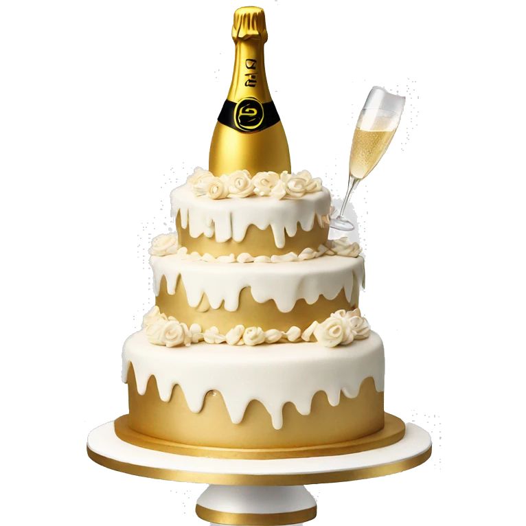 White and Gold 3 tier birthday cake and champagne emoji