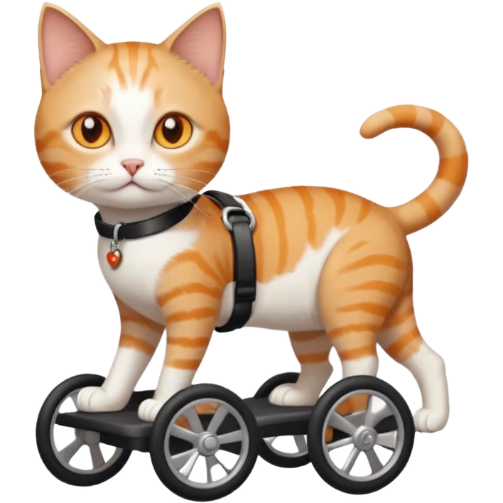 full body small short hair ginger and white cat with orange eyes walking in a wheelchair for cats emoji