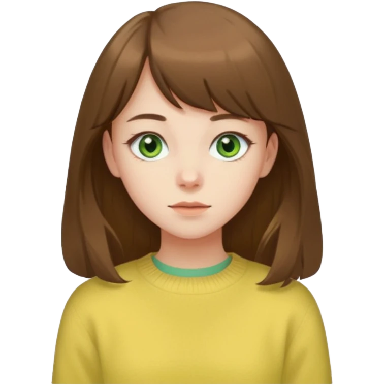 please create an emoji of a semi pale girl with long brown hair with a thin bang, green eyes, wearing a pastel yellow sweater emoji