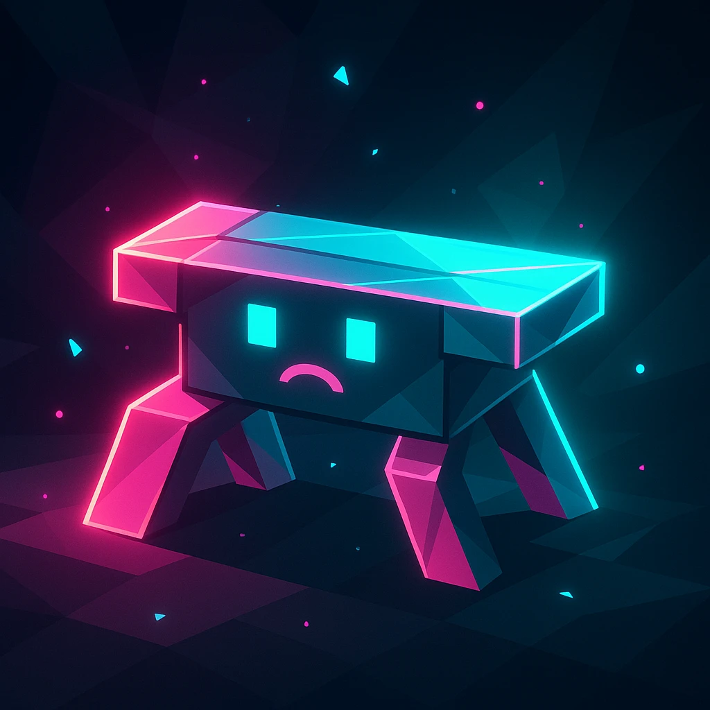 bench character in the style of Just Shapes and Beats, simple geometric form, neon palette, glowing and dynamic emoji