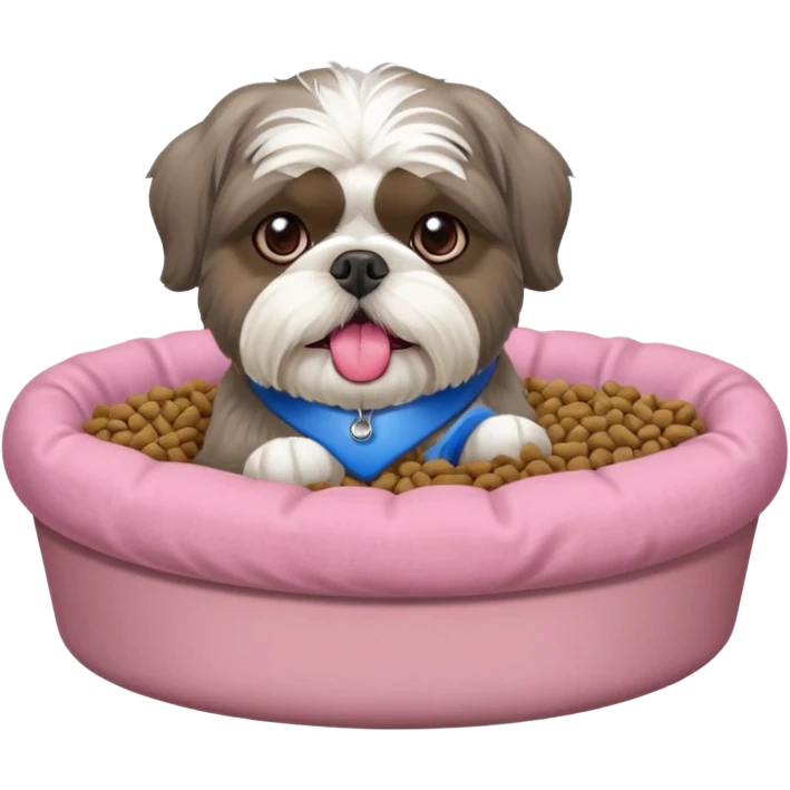 old ALL grey shih tzu in pink dog bed tongue hanging out near bowl of food emoji