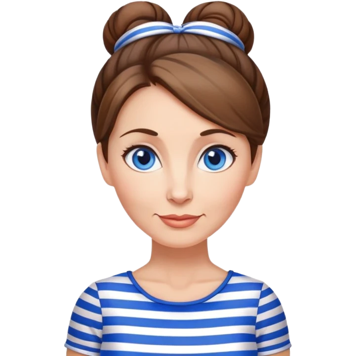 Pretty 50-year-old woman with blue and white striped miniskirt brown hair in bun blue eyes emoji