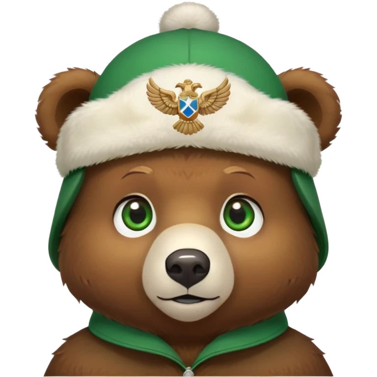 Small cute brown bear head only, innocent expression and green eyes, white ushanka hat with detailed Russian double-headed eagle emblem, no jacket or body, iOS emoji style emoji