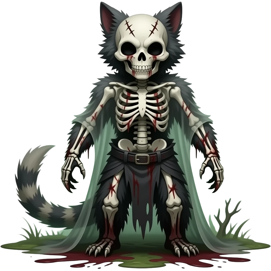 Bloody gory spectral spooky dark bleak blackish swampy white-skeletal gloomy ghostly dark greyish dark-deep-greenish foggy eldritch beautiful realistic edgy fantasy ghoul-like stitched vernid-sergal-fursona animal creature with a tufted tail full body with intricate markings emoji