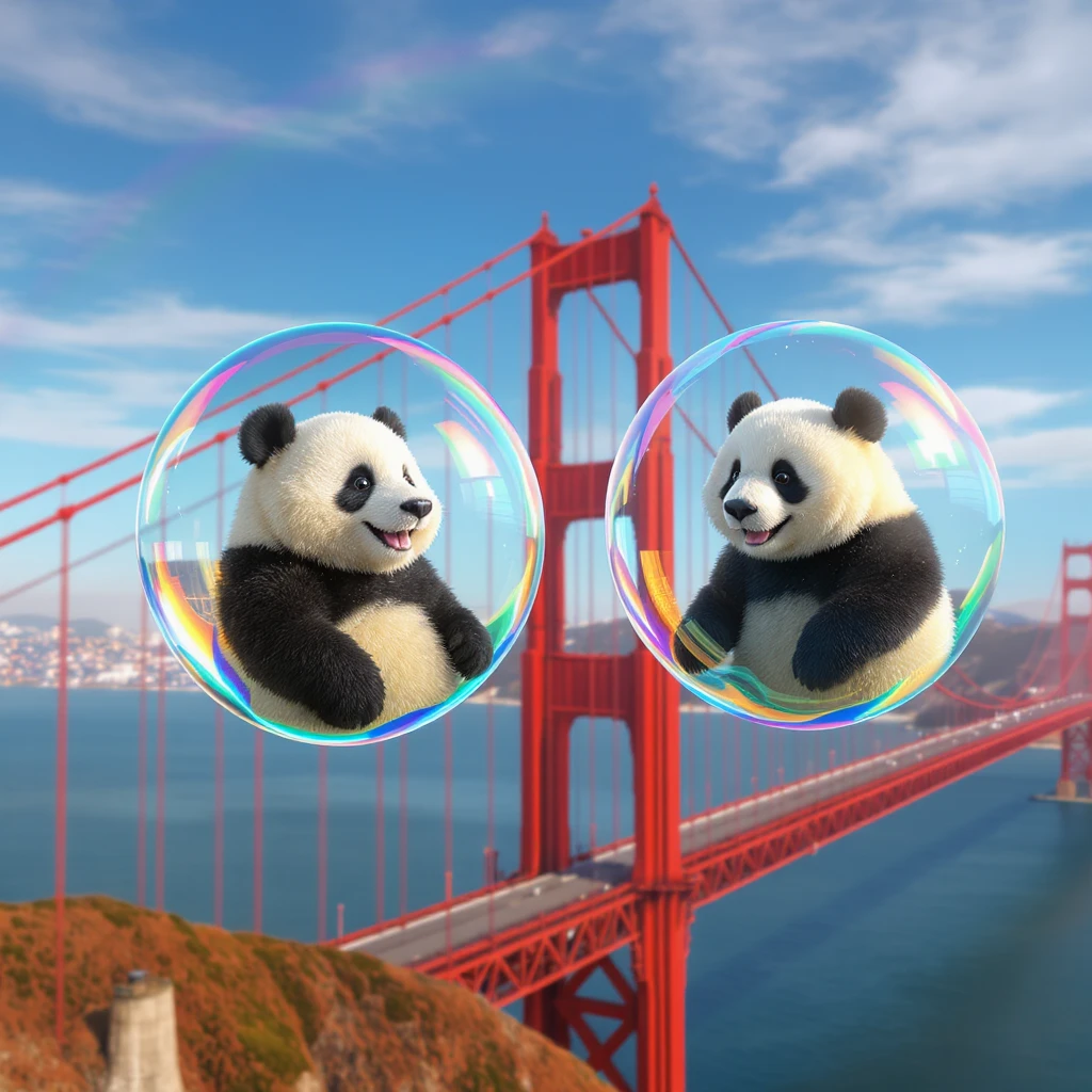 cinematic still of two panda bears in separate bubbles floating over the Golden Gate Bridge, San Francisco, vibrant summer colors, cheerful mood, rainbow arcs emoji