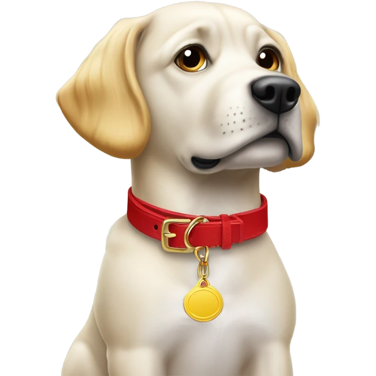 Put a Red leather dog collar and golden tag on a blond white human female with medium length hair and add a red leash connected to the collar emoji