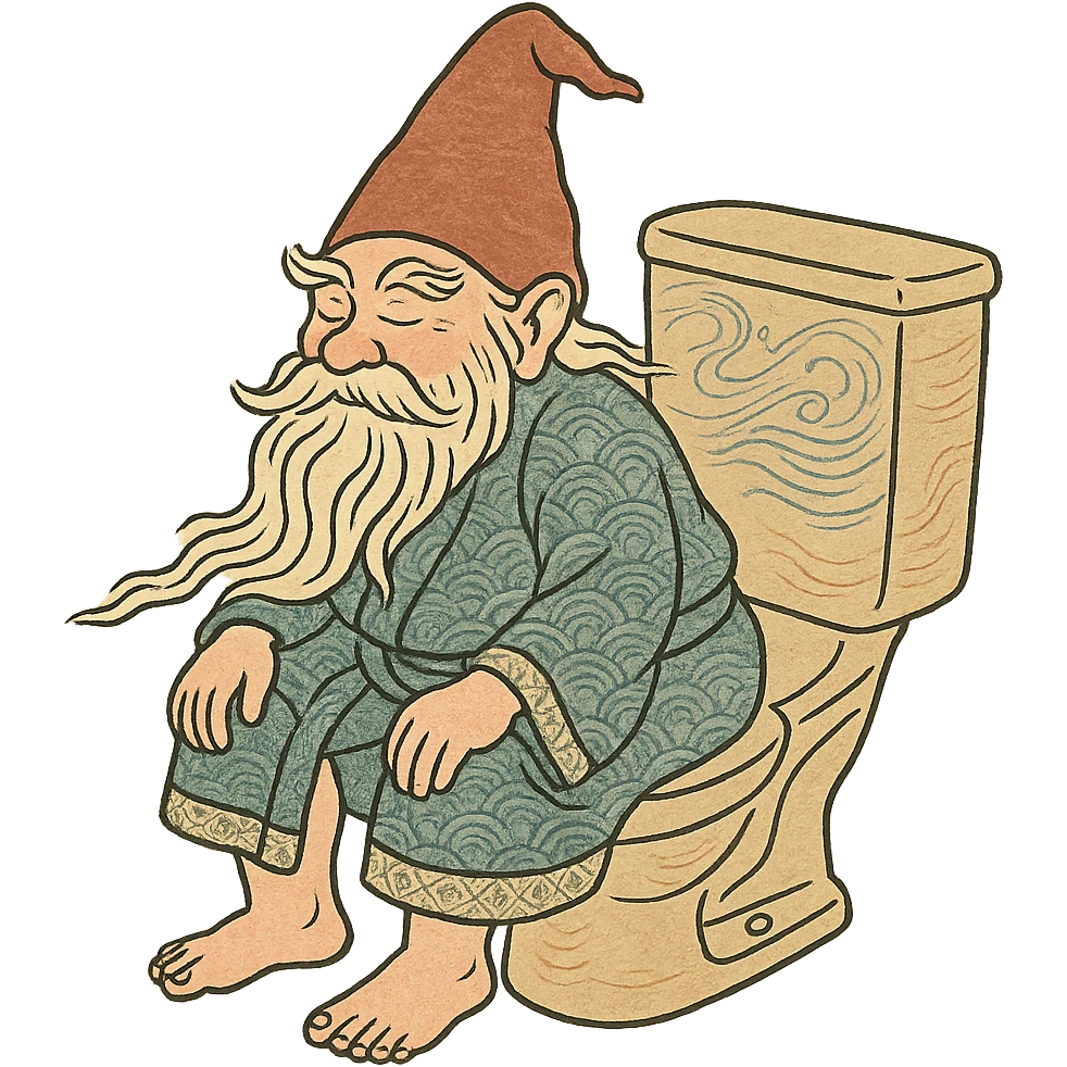 ukiyo-e inspired gnome on a toilet, magical realism, traditional Japanese illustration emoji