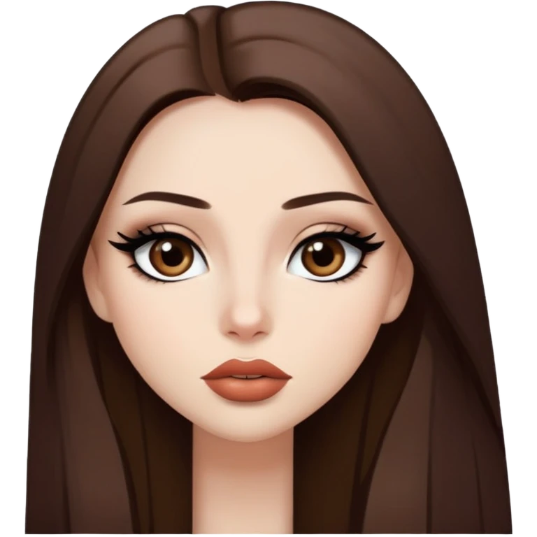 pretty baddie, brown straight hair, cute lips, pale skin, long hair, dark brown eyes, bold black eyeliner emoji