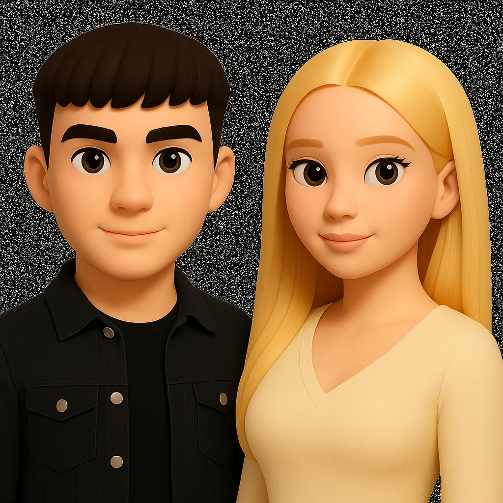 Slightly increase the volume of the upper body of the girl, separate the girl and the boy from each other, and make the skin color the same for both characters. Maintain the cartoonish 3D style in the edit. emoji