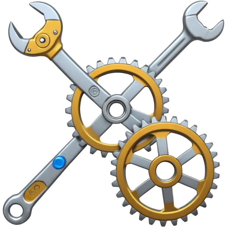 Wrench and gear merged into one tool,  sparks flying off the edges,  silver chrome metallic texture,  custom parts and bolts scattered around,  mechanical workshop energy emoji