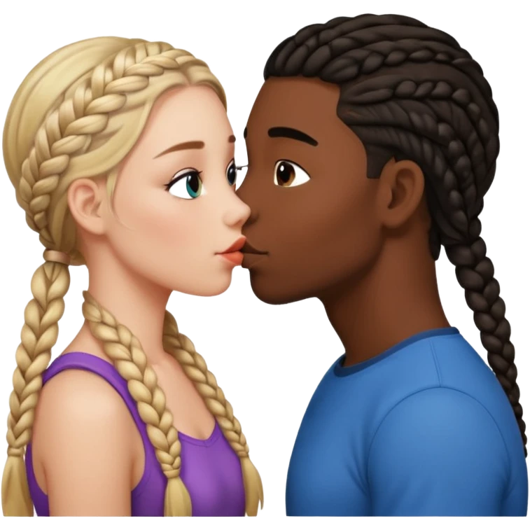 Please create a French kiss between a white girl with braids  and black boy with straight hair emoji