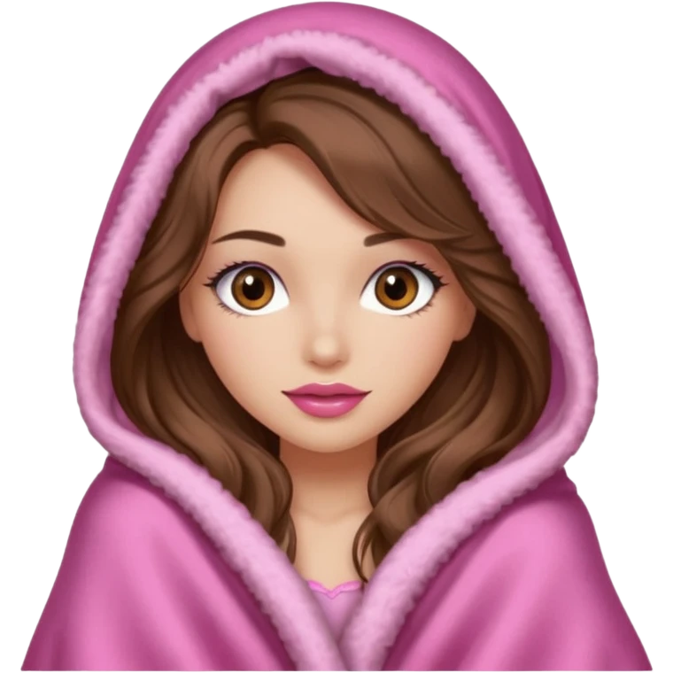 girl with long wavy brown hair, brown eyes, long lashes makeup, sexy pink lips, light to medium complexion, wearing a pink sexy silk top, big blanket over the head cozy holding a cat, remove the cat ears on the hood emoji