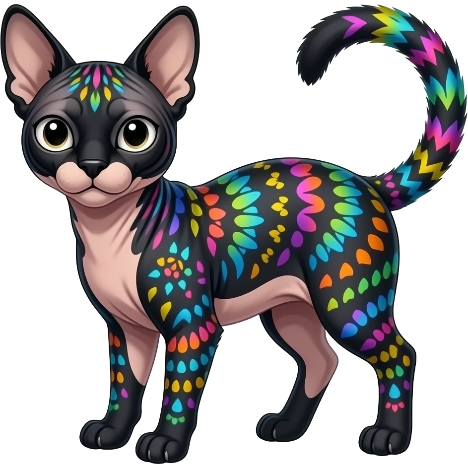 A Colorful iridescent exotic black tropical tribal cute happy realistic esoteric patterned fluffy furry dark caracal-Lykoi-bobcat-sphynx-genet-civet-Fakémon-fursona-hybrid-fusion-animal-creature, full body, 4-legged emoji
