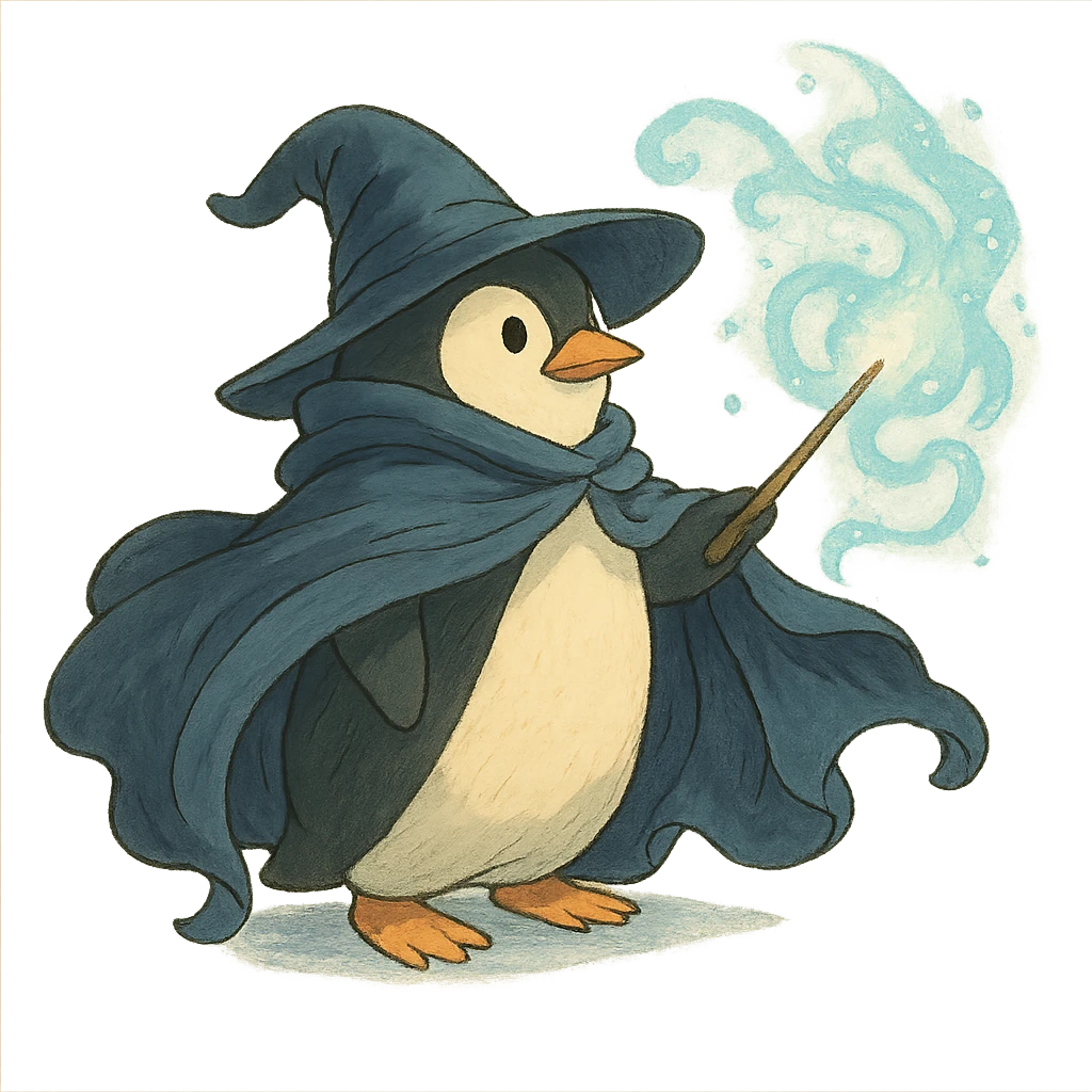 penguin wizard with a flowing cloak and magical aura emoji