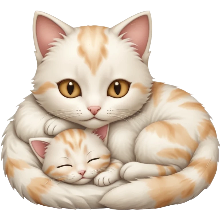 Highly detailed, ultra realistic, 3D rendering, fluffy white kitten, big hazel eyes, curled up sleeping with his mother emoji