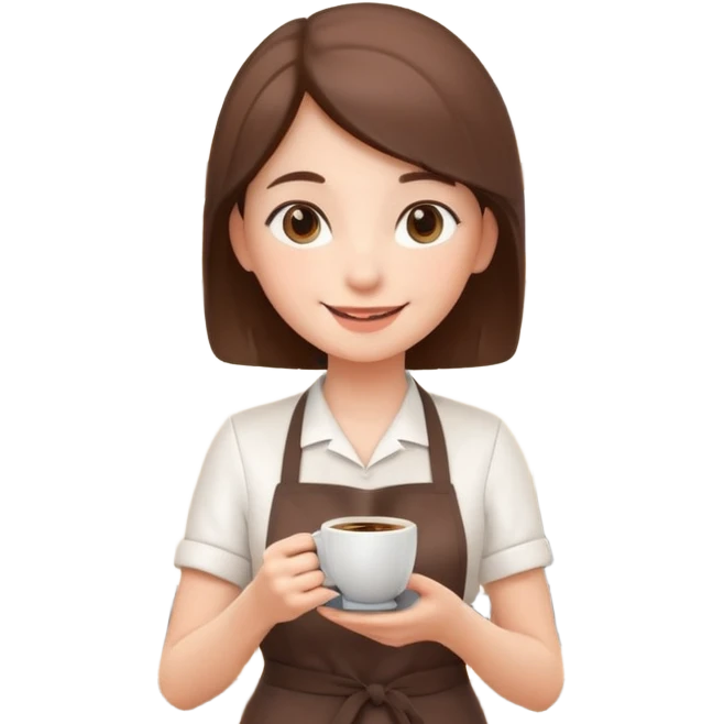 cute barista portrait, head and shoulders only, wearing apron, coffee shop uniform, friendly smile, holding a small coffee cup, 3D cartoon, mobile game icon style, clean background, no text, no watermark
 emoji