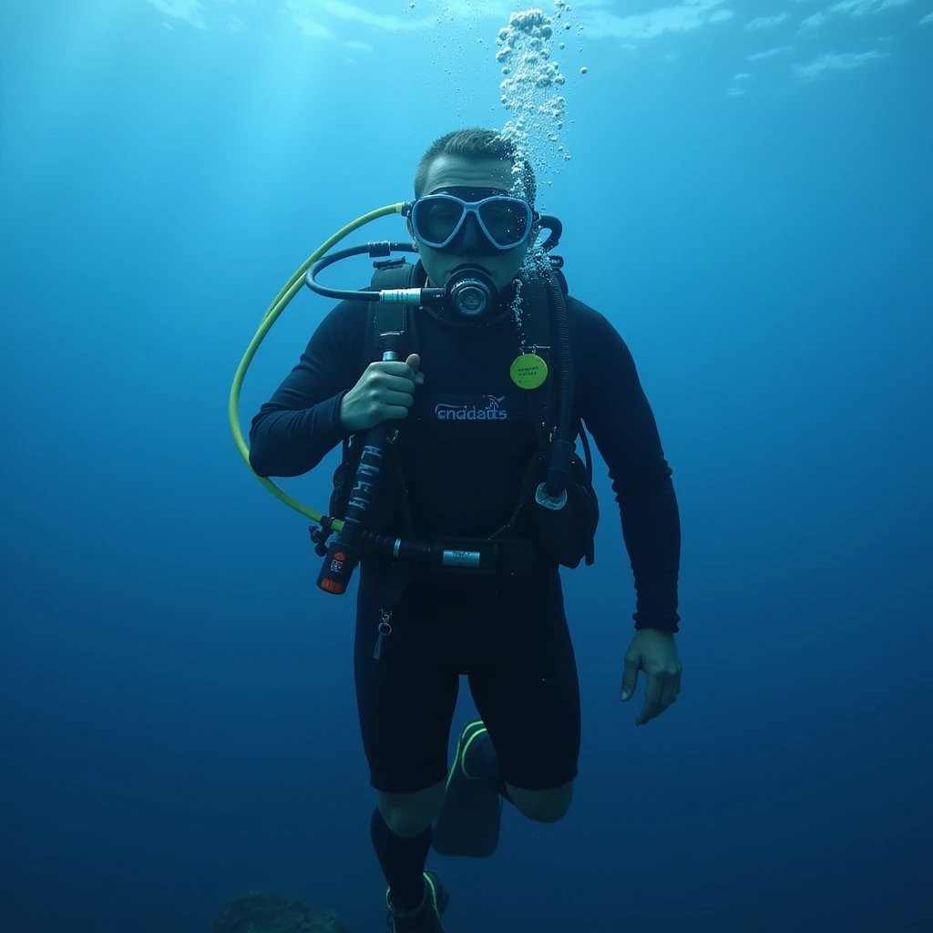 a diver in full scuba gear, realistic style, blue background emoji