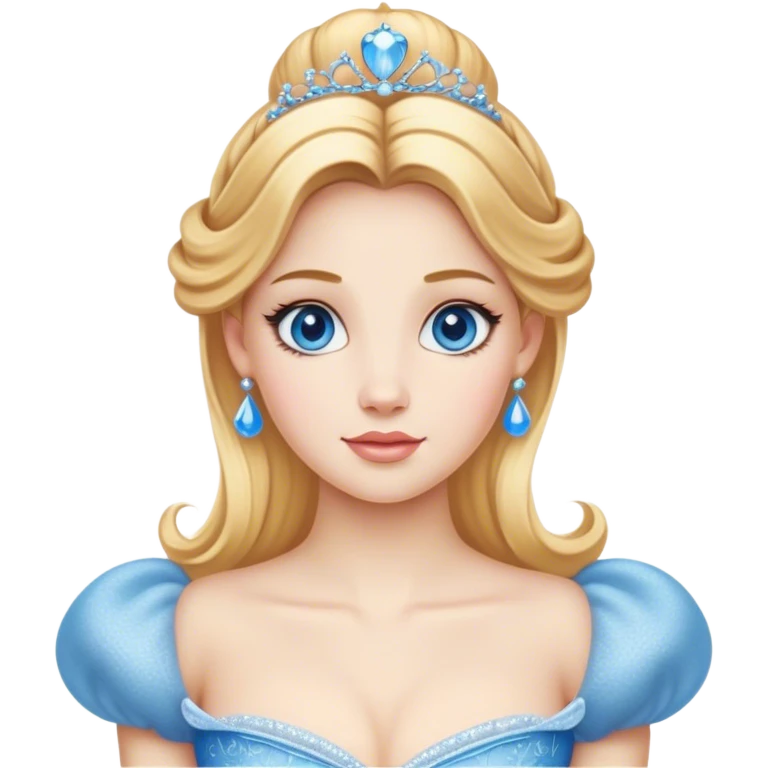 Cinematic Realistic Comical Cinderella Portrait, with every detail rendered realistically—from the soft, smooth texture of her fair skin to her artfully styled golden-blonde hair. Her bright blue eyes are wide with playful disbelief, and her expression carries a touch of whimsical humor while retaining elegant poise. Her classic ball gown, detailed with rich fabric textures and natural shadows, catches the light in a way that blends refined beauty with a hint of cheeky mischief, creating a striking, lifelike portrayal. emoji