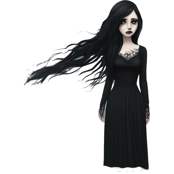 Dramatic girl  goth white pale with dark lighting  with black hair  in river with very very long lace dress  black long hair flying in the wind sad face  white eyes emoji