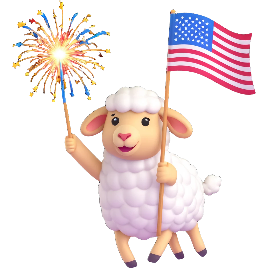 sheep emoji jumping with joy, holding an American flag, fireworks bursting behind emoji