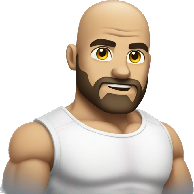 Muscular man flexing, bald, dark beard in a white shirt emoji