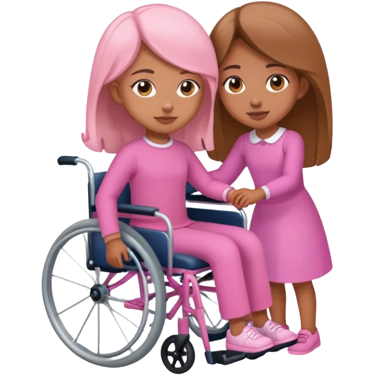 One tan skin sister pushing her light brown skin sister in a pink wheelchair emoji
