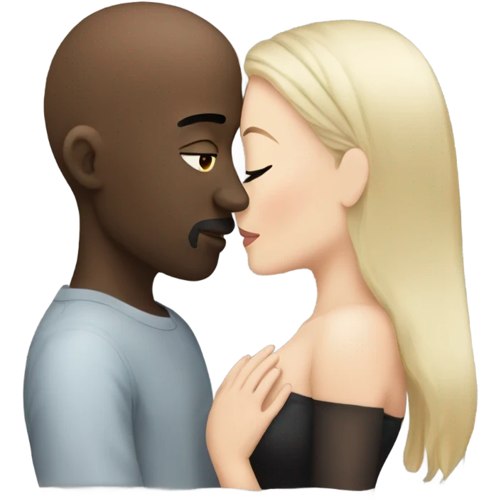 White girl dark hair kissing bald black man emoji