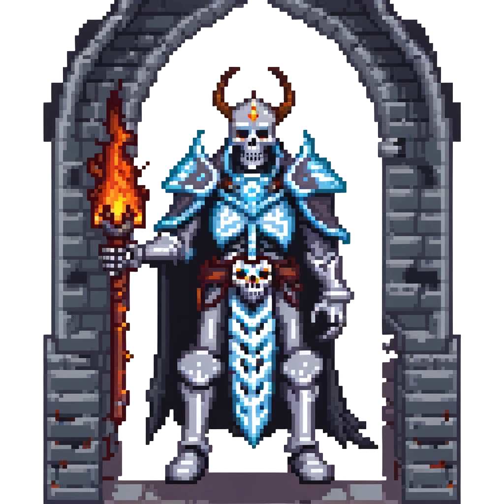 evil skeleton lich king in dark fortress with demonic fire emoji