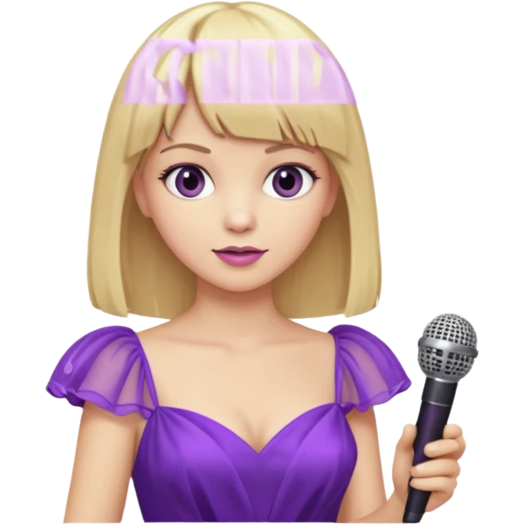 blonde woman with blonde straight hair and bangs in a purple pastry-like gown holding a microphone  emoji